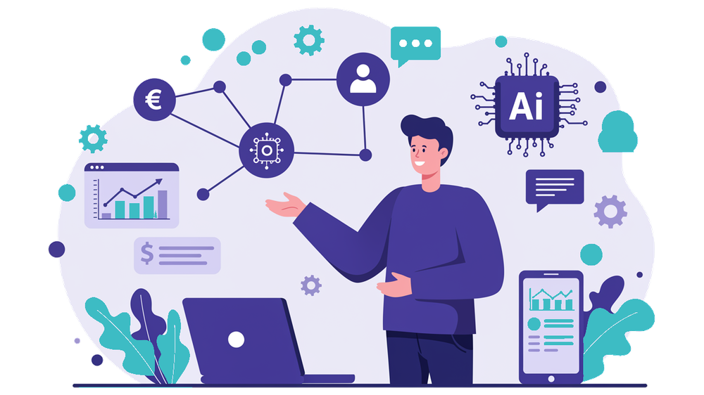 Imprenditore B2B che orchestra workflow di AI agents marketing tramite laptop e nodi di automazione connessi
