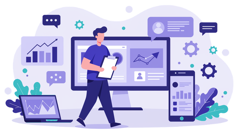 Imprenditore analizza dashboard con metriche di performance del sito web aziendale su schermo