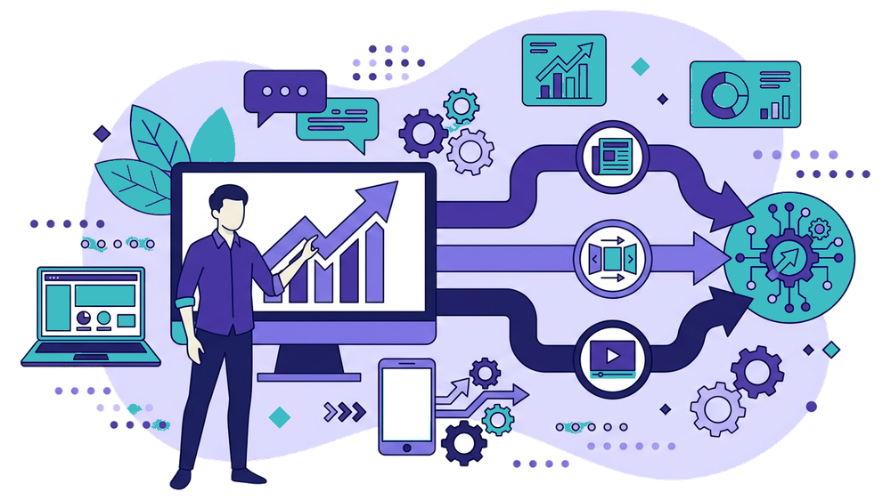 Schema visivo di tre flussi di automazioni AI per PMI che convergono in una pipeline editoriale unica