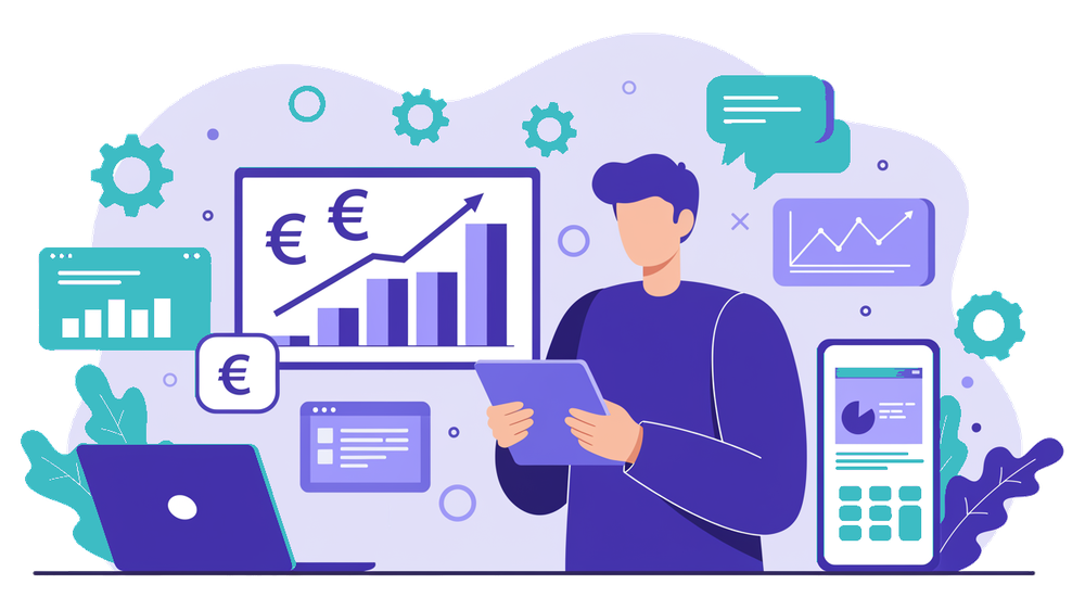 Illustrazione di imprenditore PMI che pianifica il budget marketing digitale con grafici e simboli finanziari