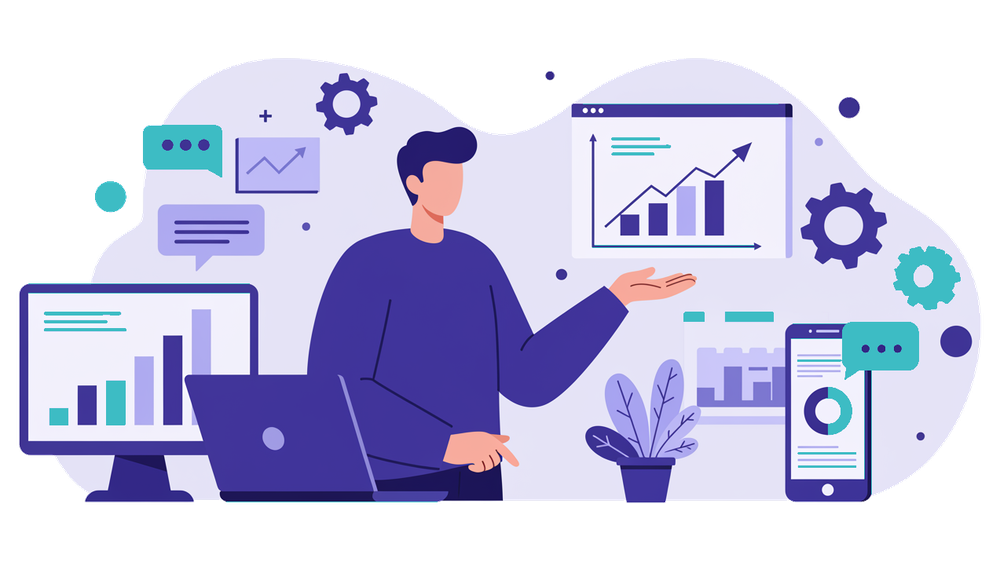 Illustrazione di un imprenditore al timone con ingranaggi in movimento, metafora del delegare marketing all’agenzia mantenendo la responsabilità