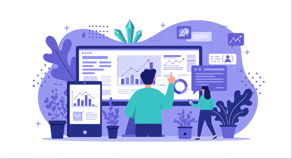 Illustrazione di un imprenditore davanti a una dashboard con grafici e segmenti di clienti, marketing predittivo