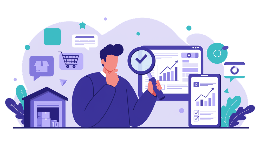 Imprenditore che valuta i requisiti per vendere online con checklist, carrello e grafici di analisi e-commerce