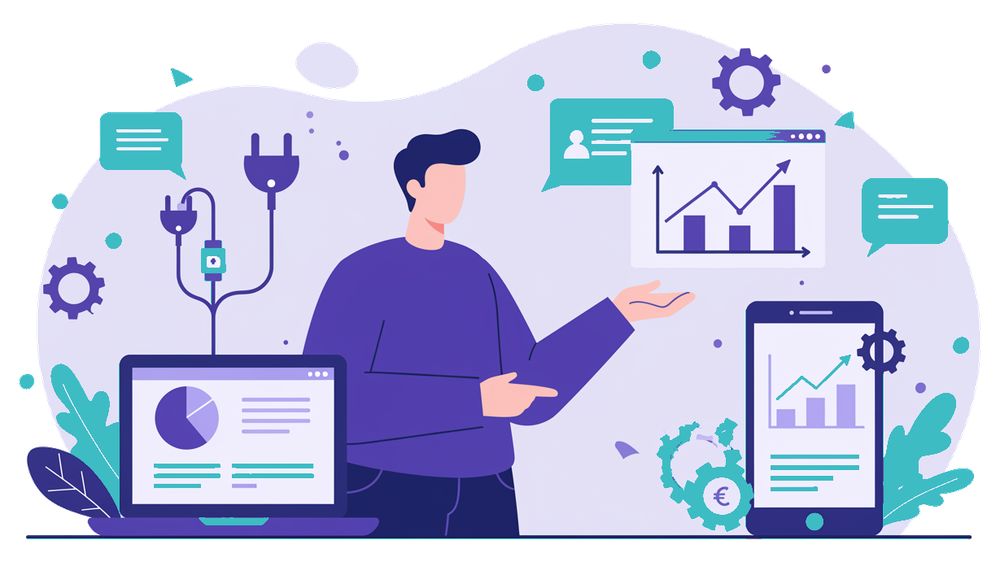 Illustrazione di schermo con plugin e ingranaggi che rappresenta il debito tecnico digitale in una PMI