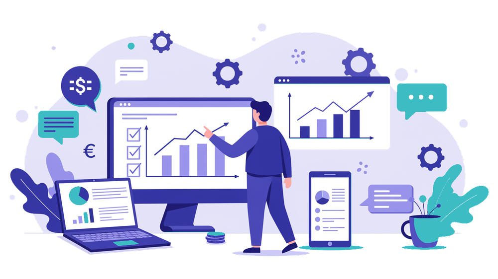 Imprenditore che valuta una checklist di domande da fare all'agenzia di marketing con icone di dati e account