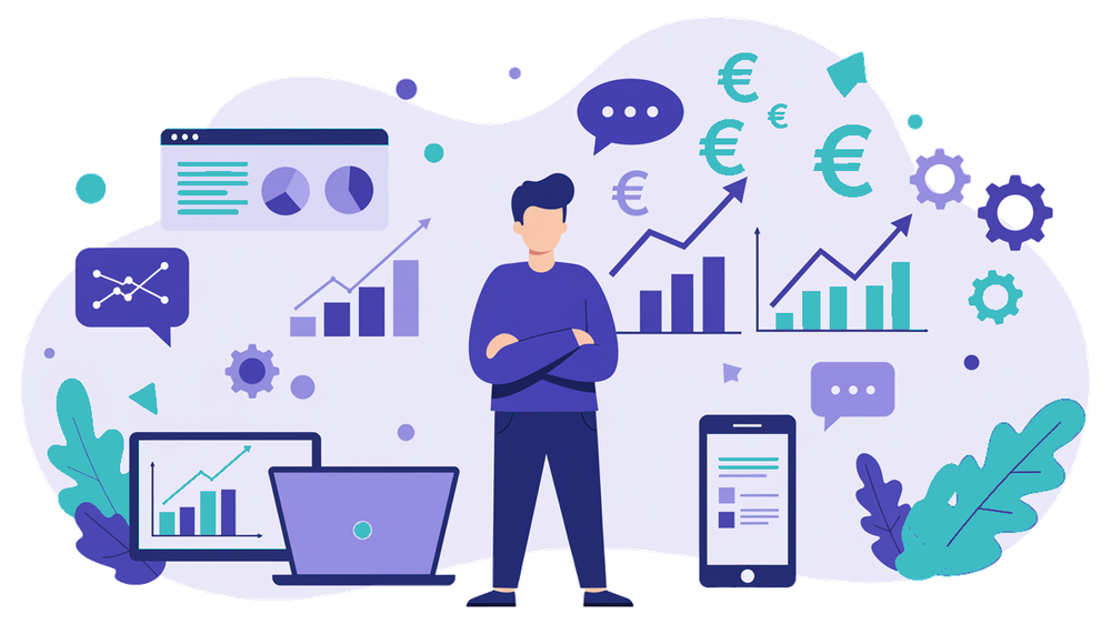 Imprenditore analizza grafici di ROI marketing su laptop con icone di metriche e dati di conversione