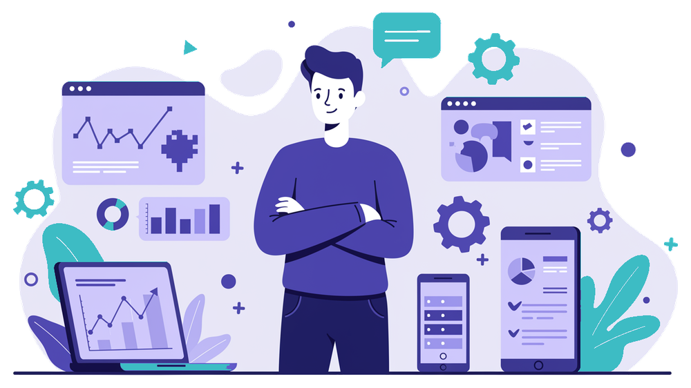 Illustrazione di laptop con dashboard di tracciamento eventi del pixel di Meta e grafici di conversione