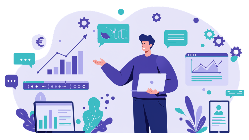 Illustrazione: imprenditore presenta grafici di crescita del marketing nel tempo