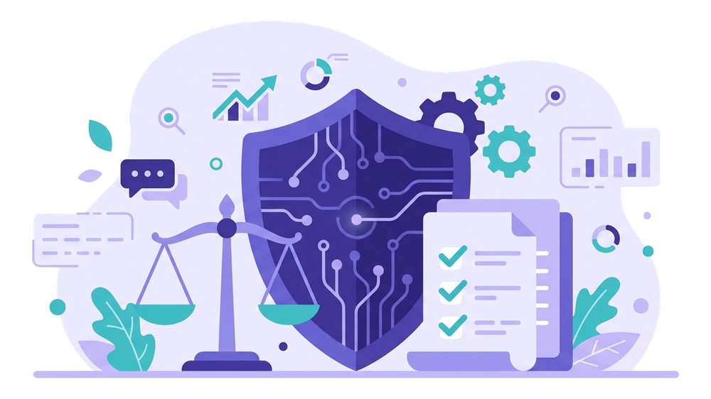 AI Act: scudo con circuiti, bilancia e checklist di conformità per adeguare il sito