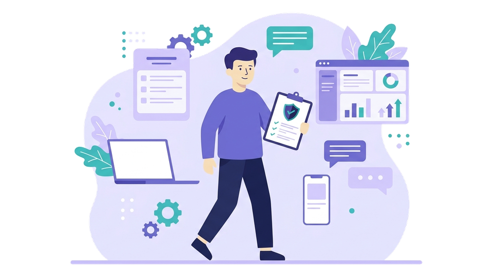 Illustrazione di checklist digitale e scudo di conformità per validare contenuti AI in settori regolati
