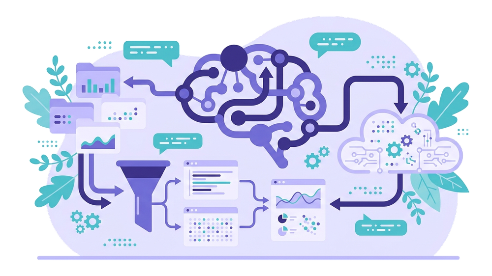 Illustrazione concettuale di memoria persistente per l'AI con nodi, file e knowledge base interconnessi