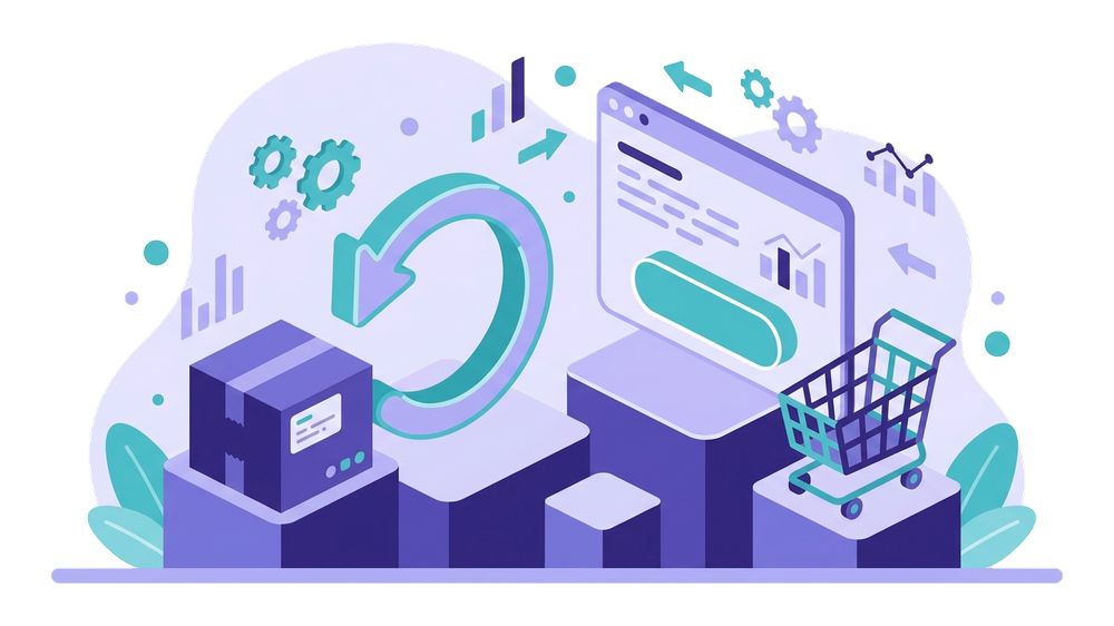 Pulsante di recesso e-commerce: pacco, freccia di reso e finestra del negozio online