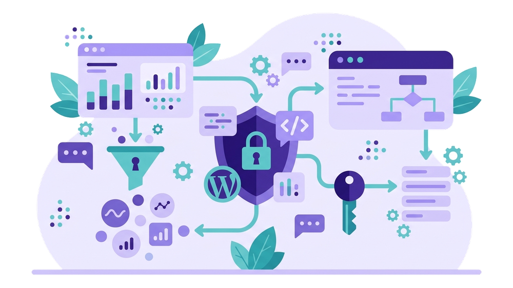 Illustrazione flat di uno scudo con lucchetto e simboli di codice, rappresenta la sicurezza WordPress di un sito