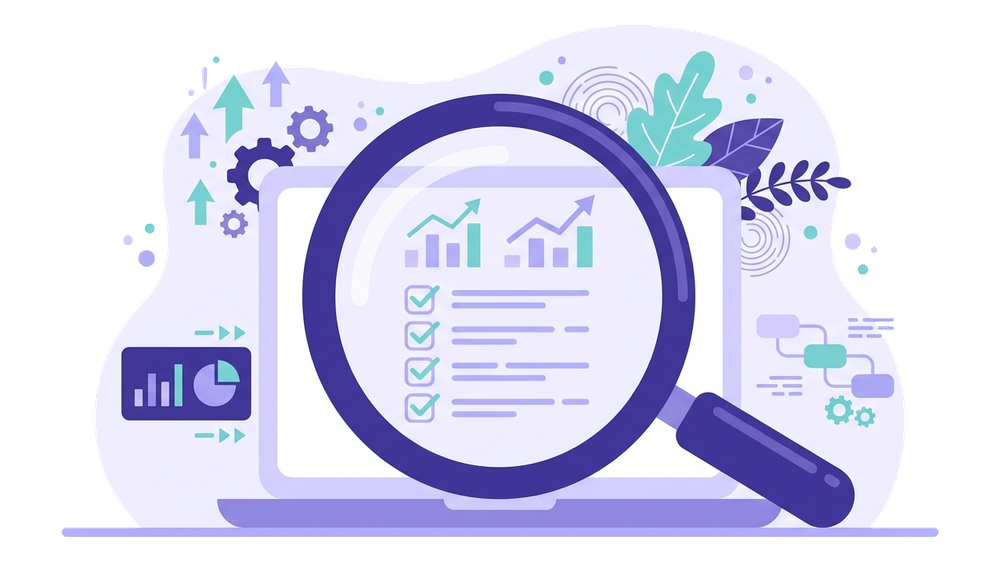 Illustrazione di lente d'ingrandimento su schermo con grafici e checklist per audit SEO di un sito web