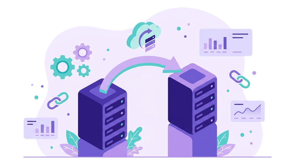 Illustrazione di due server collegati da una freccia, concetto di migrazione sito WordPress