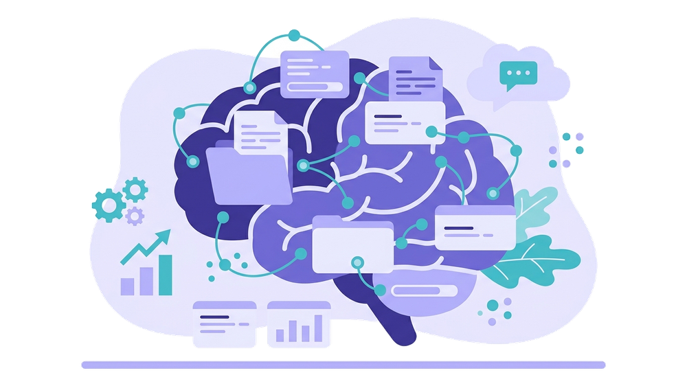 Illustrazione di un cervello digitale composto da documenti aziendali, metafora del company brain in Claude Projects