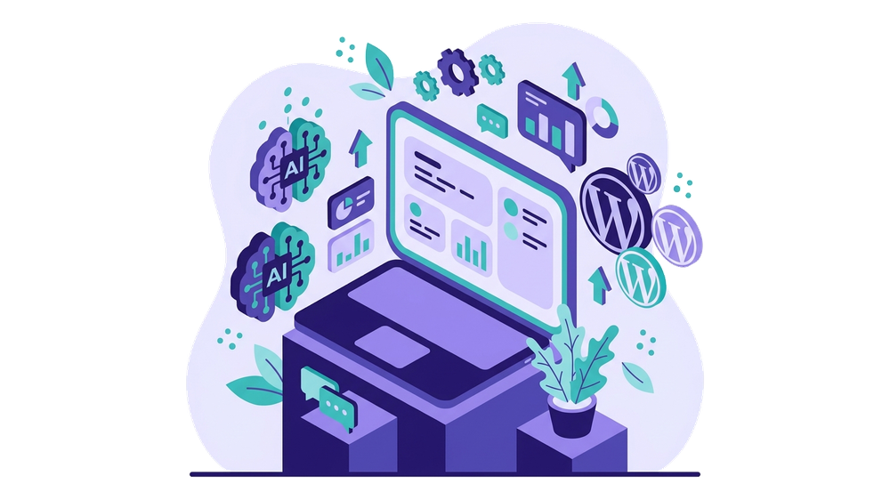Illustrazione flat di un laptop con mockup di sito web e simboli AI per creare sito web con AI