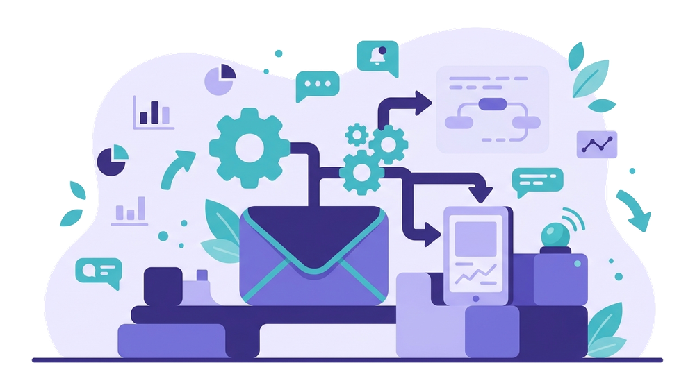 Illustrazione flat di una busta email con ingranaggi e diagramma di flusso, simbolo dell'email automation con Brevo