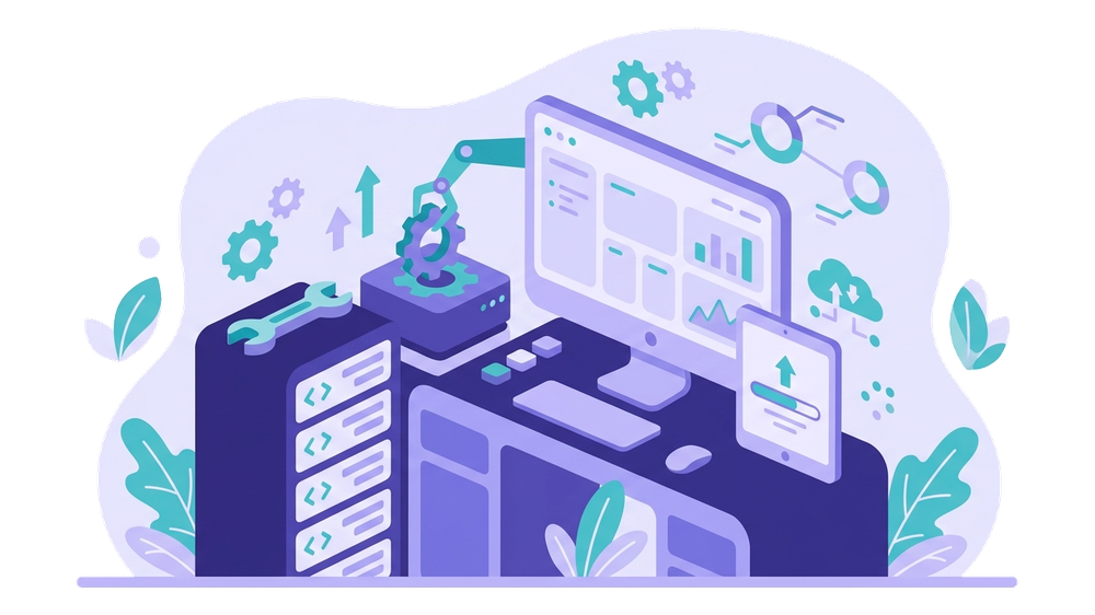 Illustrazione di un sito web in fase di restyling con elementi grafici aggiornati e componenti tecnici