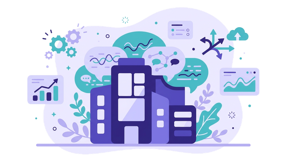 Illustrazione concettuale di shadow AI in azienda con edificio e nuvole di chat AI nascoste